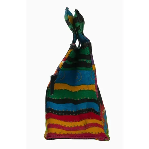 Laurel Burch Multicolor Cat Gato Pattern Canvas Mini Handbag With Wooden Handles - Picture 4 of 10